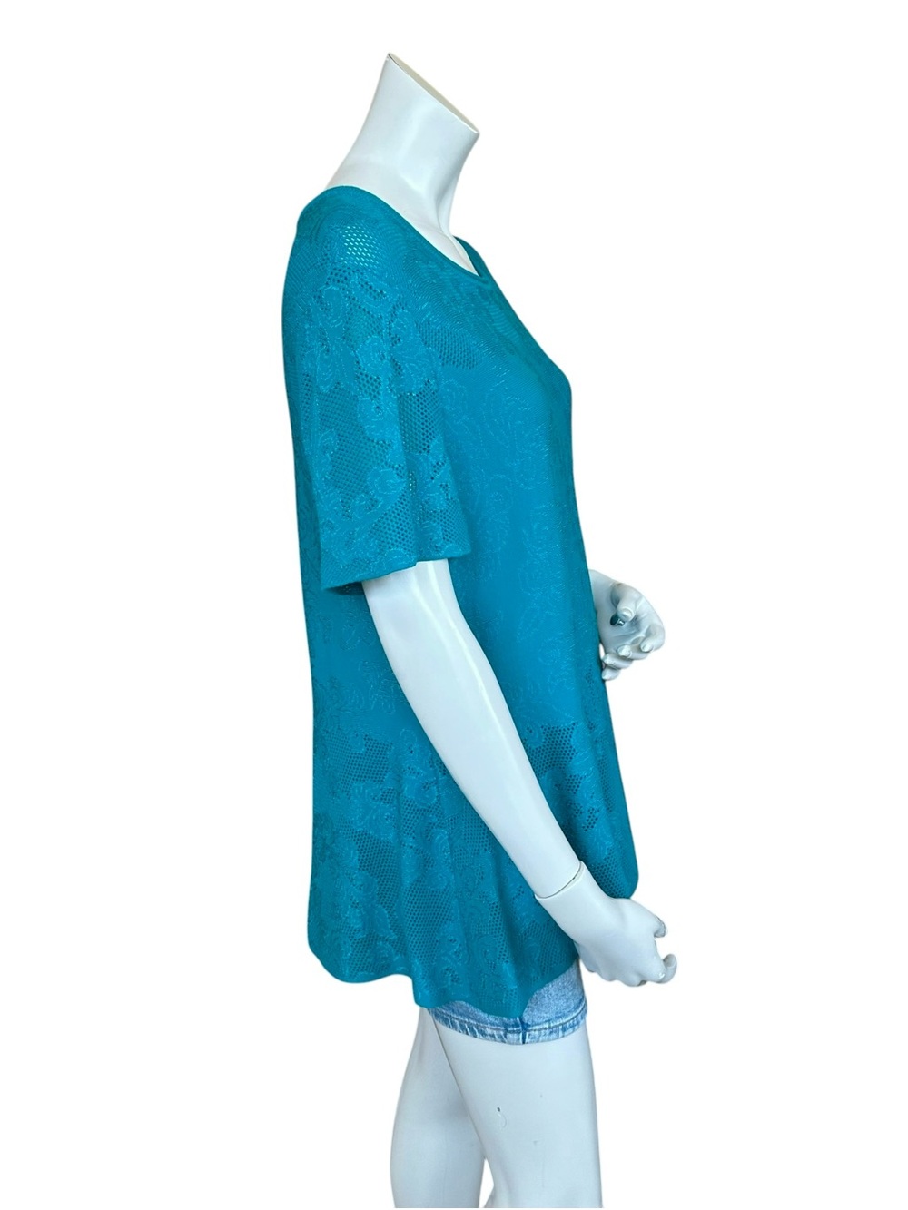 St. John Boutique Teal Jacquard Short Sleeve Peplum Paisley Blouse Size XL - Picture 7 of 11